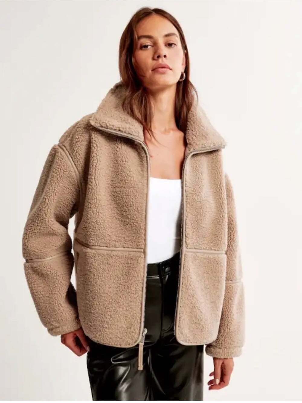 Abercrombie & Fitch Sherpa Jacket L Taupe Mock Neck Full Zip Teddy Neutral Cozy